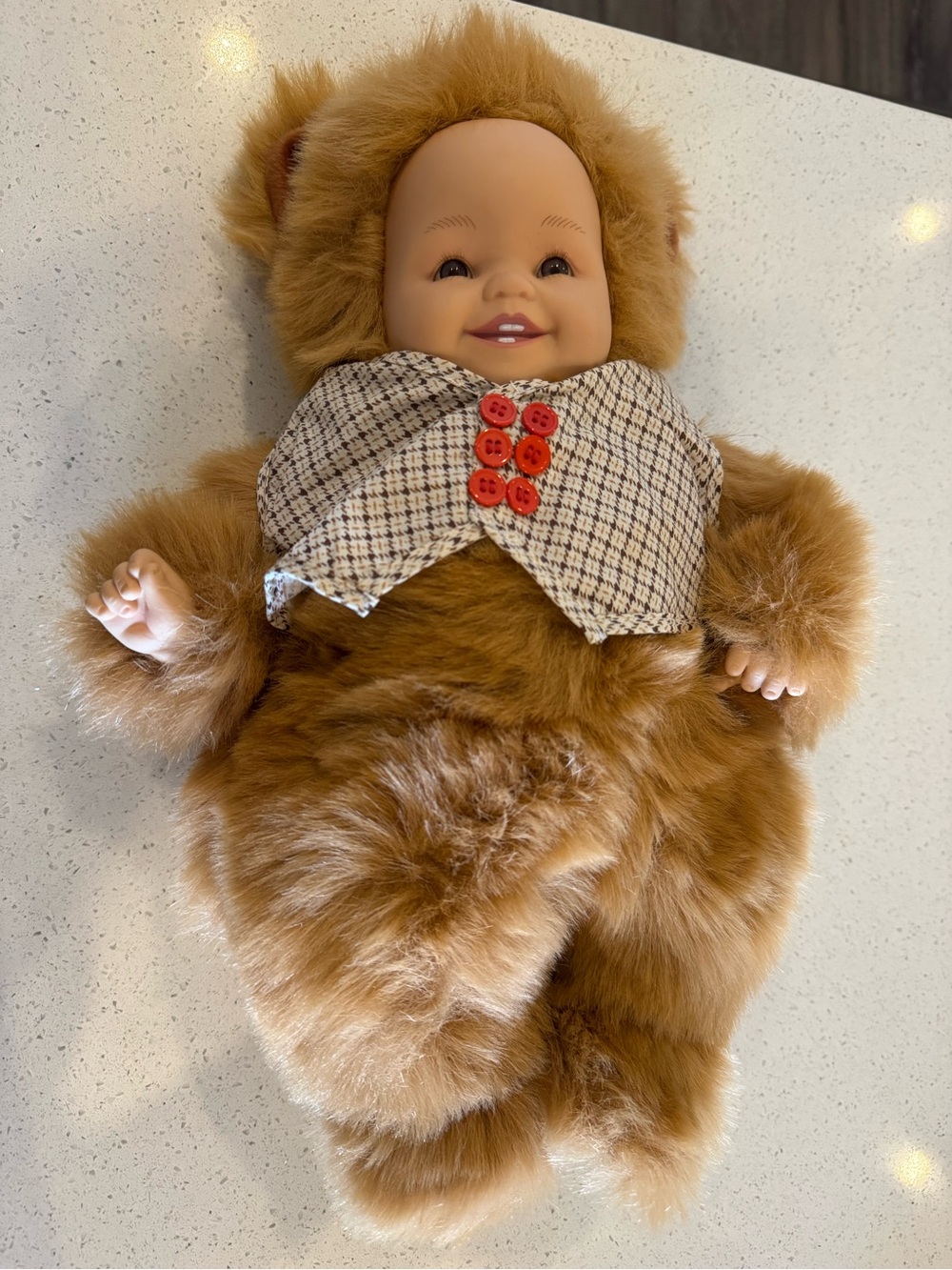 2/$25 Anne Geddes Plush Brown Baby Doll in Fuzzy Bear Outfit with Checkered Vest